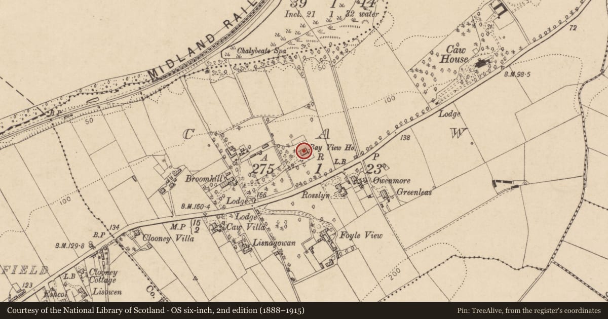 Ordnance Survey six-inch map, 2nd edition (1888–1915) covering the location of Bay View House, Caw, Derry City and Strabane, with a pin at the register's coordinates