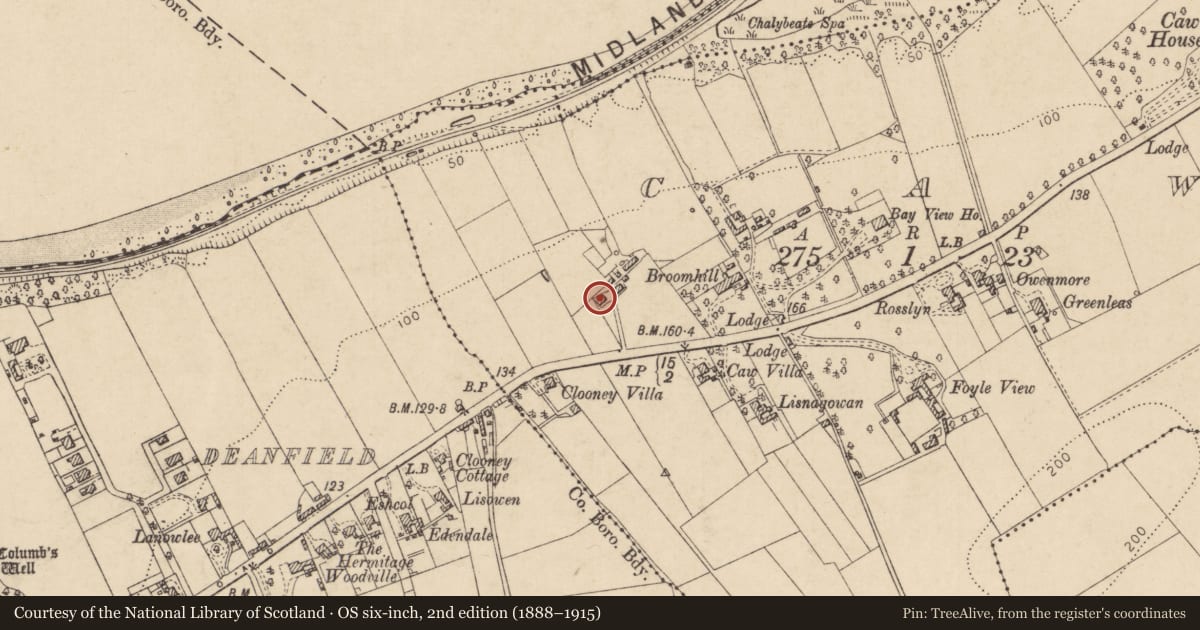 Ordnance Survey six-inch map, 2nd edition (1888–1915) covering the location of Mile End, Derry City and Strabane, with a pin at the register's coordinates