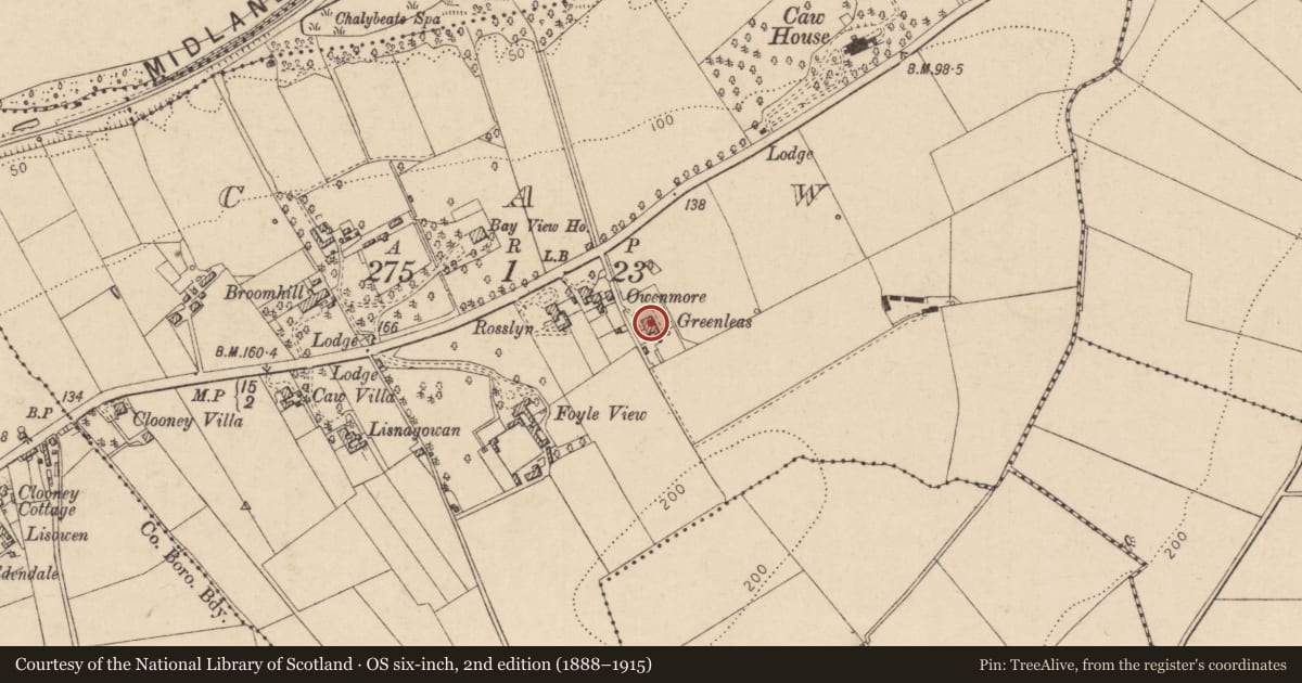 Ordnance Survey six-inch map, 2nd edition (1888–1915) covering the location of Hertford, Caw, Derry City and Strabane, with a pin at the register's coordinates