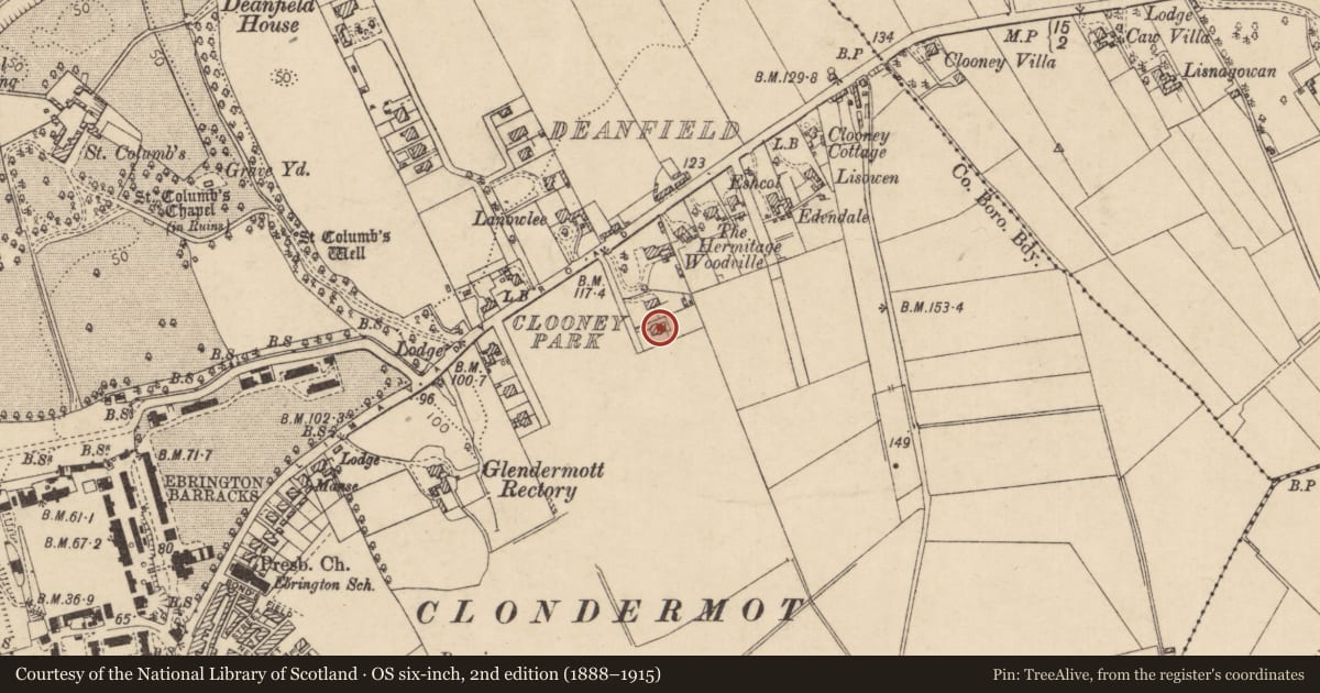 Ordnance Survey six-inch map, 2nd edition (1888–1915) covering the location of 3 Clooney Park East, Derry City and Strabane, with a pin at the register's coordinates
