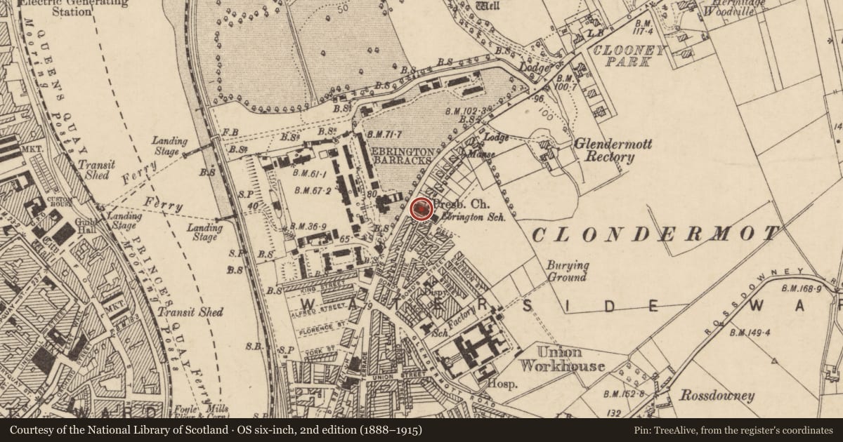 Ordnance Survey six-inch map, 2nd edition (1888–1915) covering the location of Ebrington Presbyterian Church, Clooney, Derry City and Strabane, with a pin at the register's coordinates