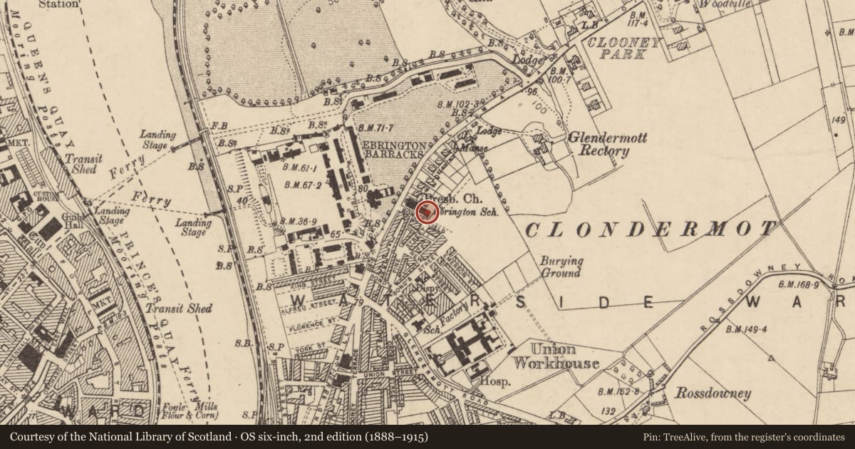 Ordnance Survey six-inch map, 2nd edition (1888–1915) covering the location of Ebrington Presbyterian Church Hall, Clooney, Derry City and Strabane, with a pin at the register's coordinates
