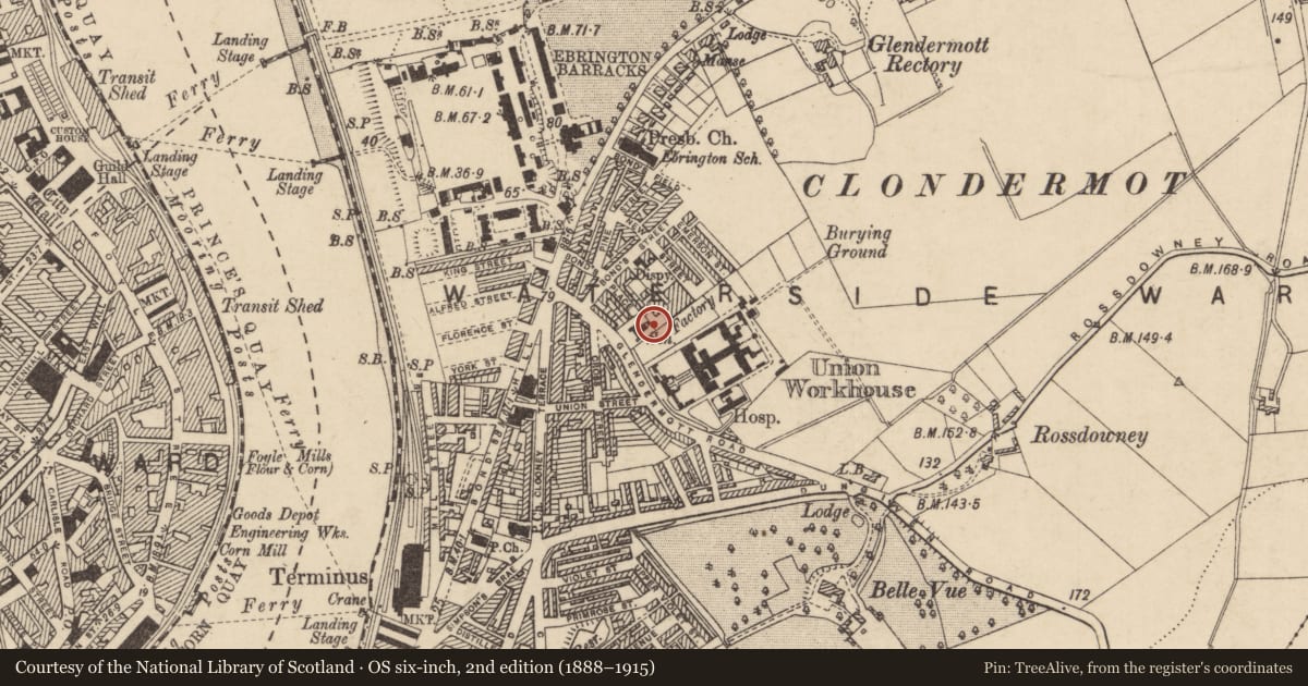 Ordnance Survey six-inch map, 2nd edition (1888–1915) covering the location of Stewart National Schools, Derry City and Strabane, with a pin at the register's coordinates