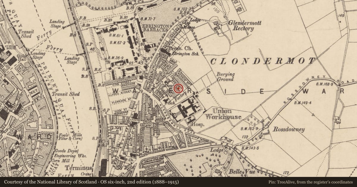 Ordnance Survey six-inch map, 2nd edition (1888–1915) covering the location of Ebrington Factory, Derry City and Strabane, with a pin at the register's coordinates