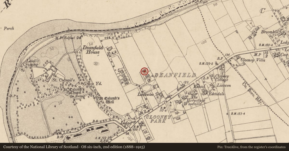 Ordnance Survey six-inch map, 2nd edition (1888–1915) covering the location of 8 Dean Field, Derry City and Strabane, with a pin at the register's coordinates