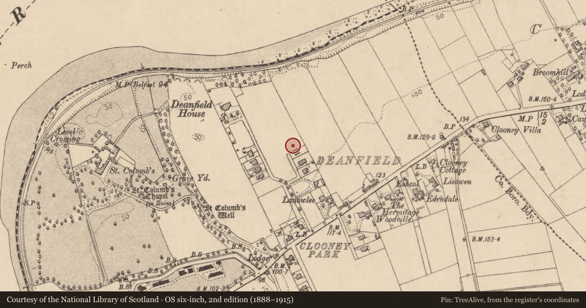 Ordnance Survey six-inch map, 2nd edition (1888–1915) covering the location of 10 Dean Field, Derry City and Strabane, with a pin at the register's coordinates