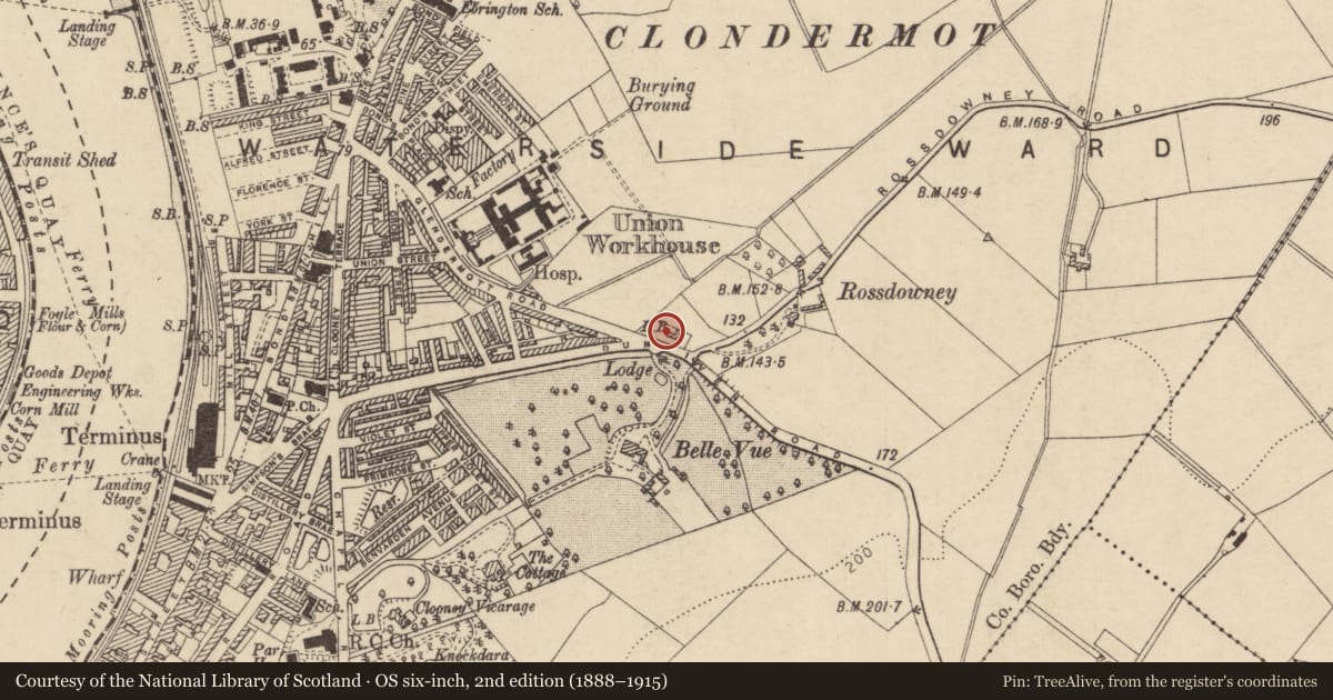 Ordnance Survey six-inch map, 2nd edition (1888–1915) covering the location of Leckpatrick Building, Clooney, Derry City and Strabane, with a pin at the register's coordinates