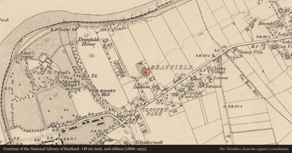 Ordnance Survey six-inch map, 2nd edition (1888–1915) covering the location of No.4 Deanfield, Clooney, Derry City and Strabane, with a pin at the register's coordinates