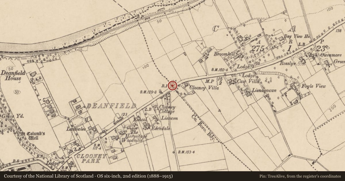 Ordnance Survey six-inch map, 2nd edition (1888–1915) covering the location of Boundary Post near 50 Limavady Road Londonderry BT47 6LS, Caw, Derry City and Strabane, with a pin at the register's coordinates