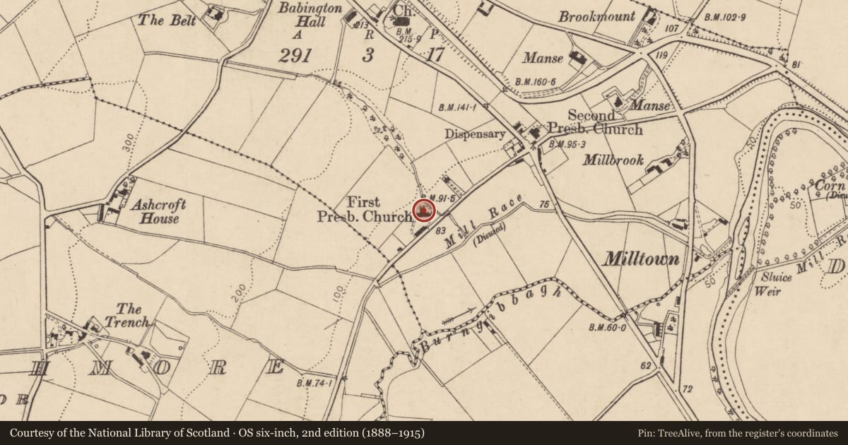 Ordnance Survey six-inch map, 2nd edition (1888–1915) covering the location of Glendermott 1st Presbyterian Church, Altnagelvin, Derry City and Strabane, with a pin at the register's coordinates