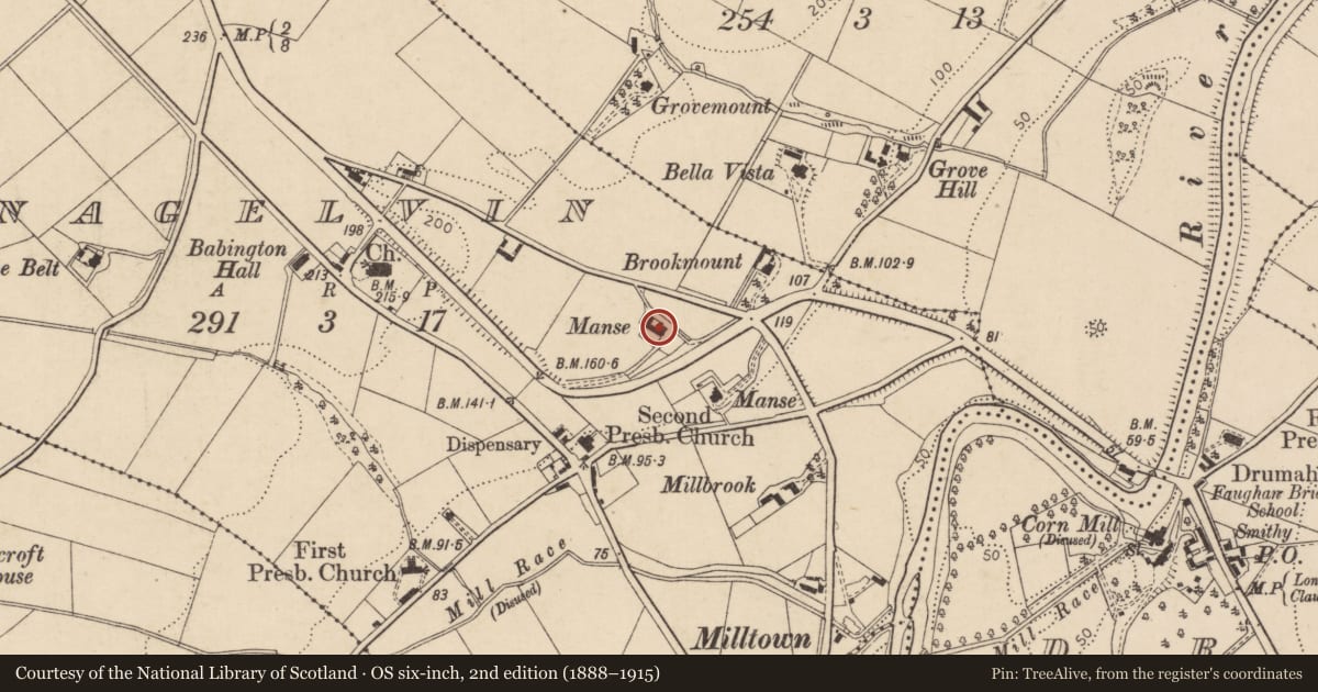 Ordnance Survey six-inch map, 2nd edition (1888–1915) covering the location of Strathmore House, Altnagelvin, Derry City and Strabane, with a pin at the register's coordinates