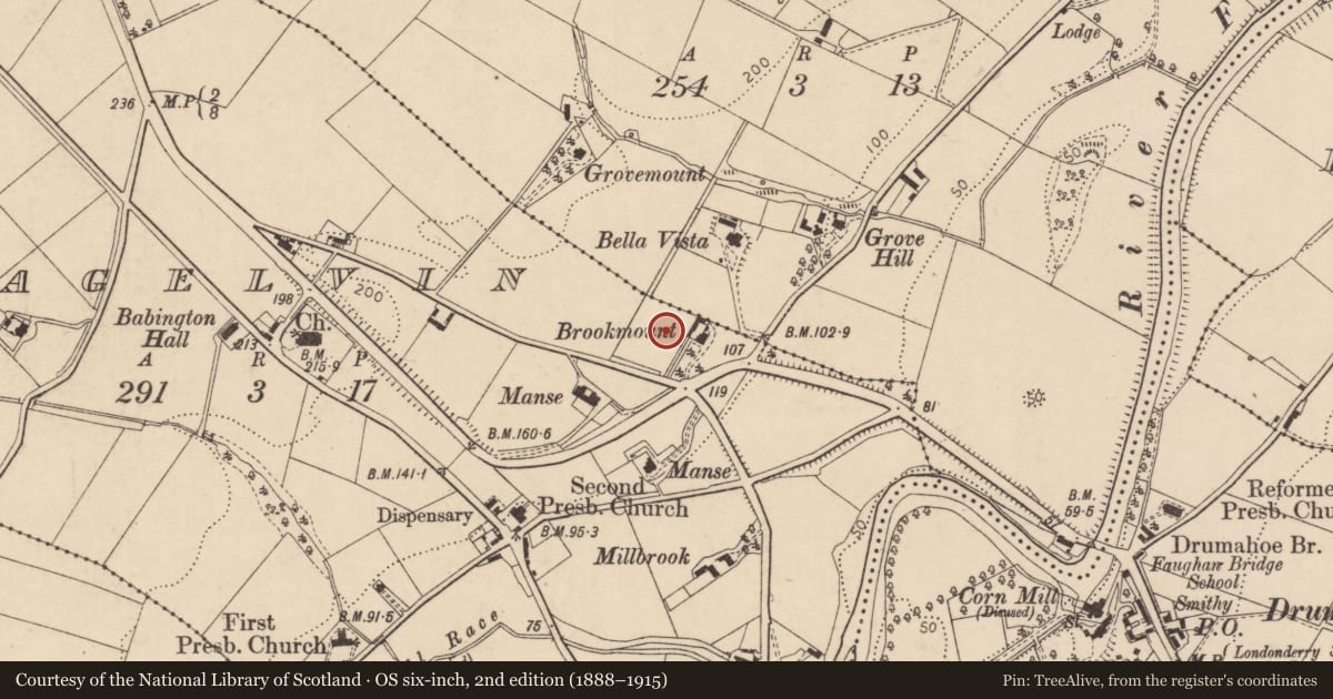 Ordnance Survey six-inch map, 2nd edition (1888–1915) covering the location of Brookmount, Altnagelvin, Derry City and Strabane, with a pin at the register's coordinates