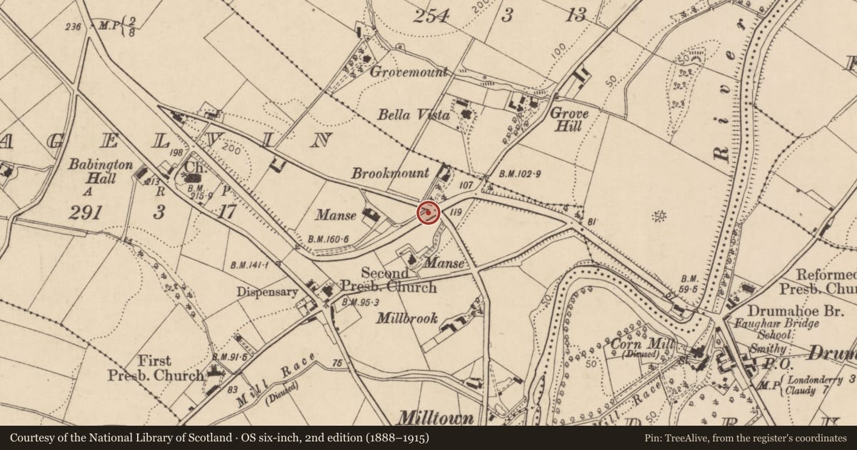 Ordnance Survey six-inch map, 2nd edition (1888–1915) covering the location of Glendermott Manse, Altnagelvin, Derry City and Strabane, with a pin at the register's coordinates
