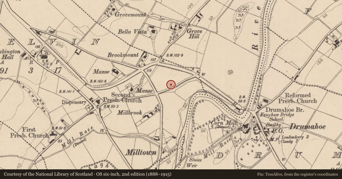Ordnance Survey six-inch map, 2nd edition (1888–1915) covering the location of 5 Church Road, Altnagelvin, Derry City and Strabane, with a pin at the register's coordinates
