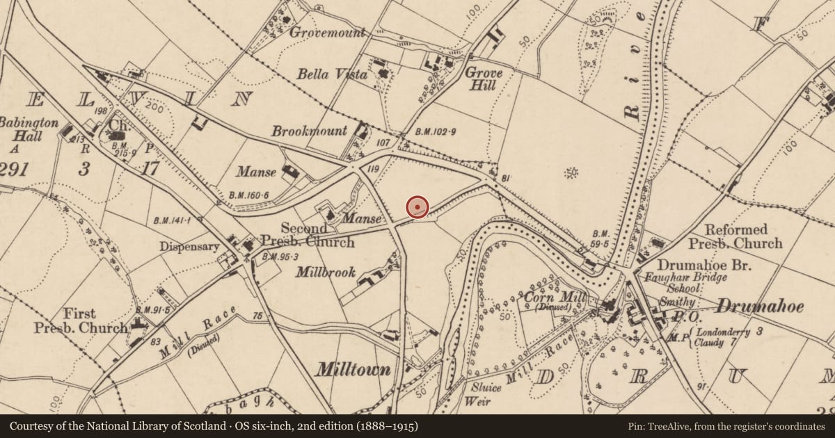 Ordnance Survey six-inch map, 2nd edition (1888–1915) covering the location of 7 Church Road, Altnagelvin, Derry City and Strabane, with a pin at the register's coordinates