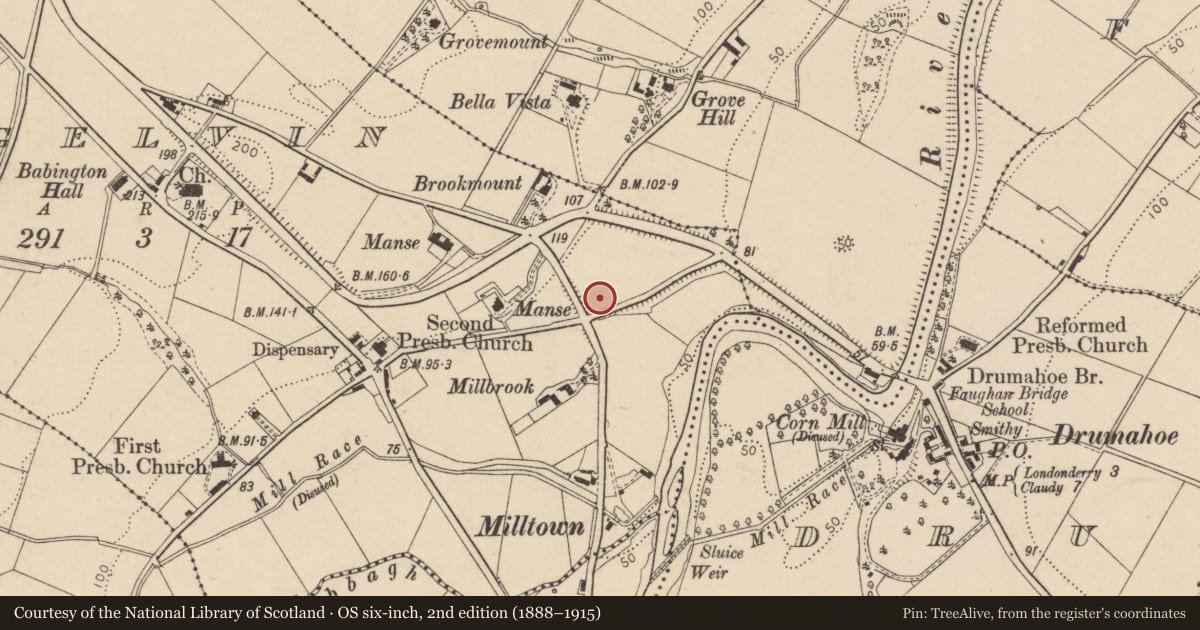 Ordnance Survey six-inch map, 2nd edition (1888–1915) covering the location of 11 Church Road, Altnagelvin, Derry City and Strabane, with a pin at the register's coordinates