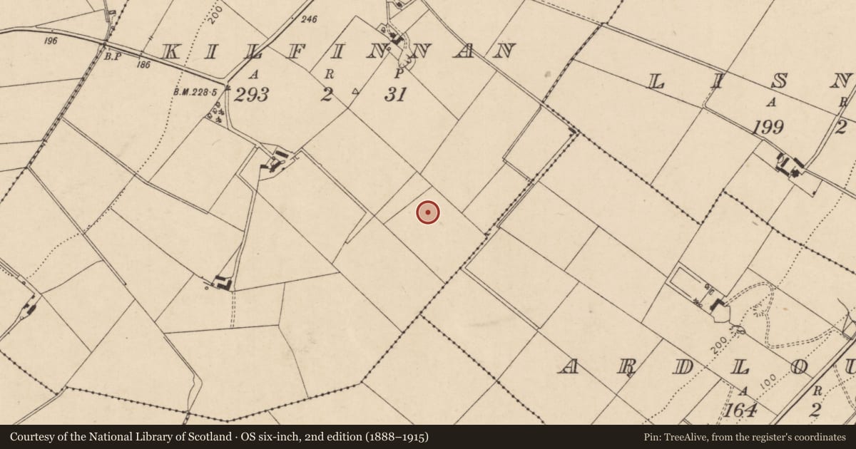 Ordnance Survey six-inch map, 2nd edition (1888–1915) covering the location of Kilfinnan House, Derry City and Strabane, with a pin at the register's coordinates