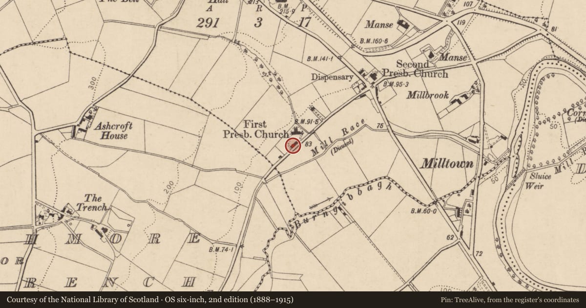 Ordnance Survey six-inch map, 2nd edition (1888–1915) covering the location of Sexton’s Cottage, Altnagelvin, Derry City and Strabane, with a pin at the register's coordinates