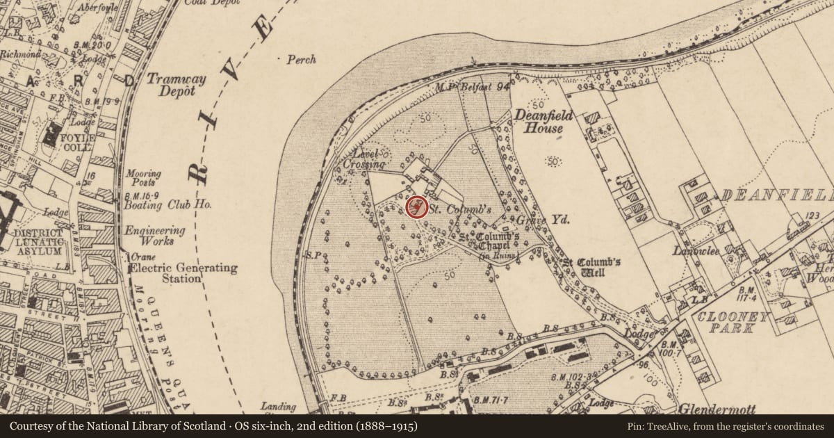Ordnance Survey six-inch map, 2nd edition (1888–1915) covering the location of St. Columb's Park House, Clooney, Derry City and Strabane, with a pin at the register's coordinates