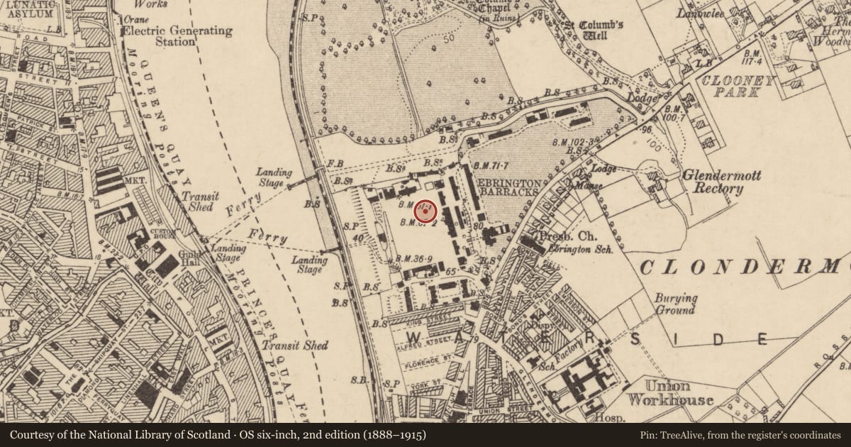 Ordnance Survey six-inch map, 2nd edition (1888–1915) covering the location of General appreciation of Ebrington Barracks, Limavady Road, Londonderry BT47 6HH, Derry City and Strabane, with a pin at the register's coordinates