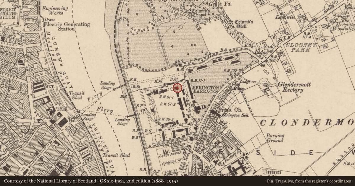 Ordnance Survey six-inch map, 2nd edition (1888–1915) covering the location of Building Number 63, Clooney, Derry City and Strabane, with a pin at the register's coordinates