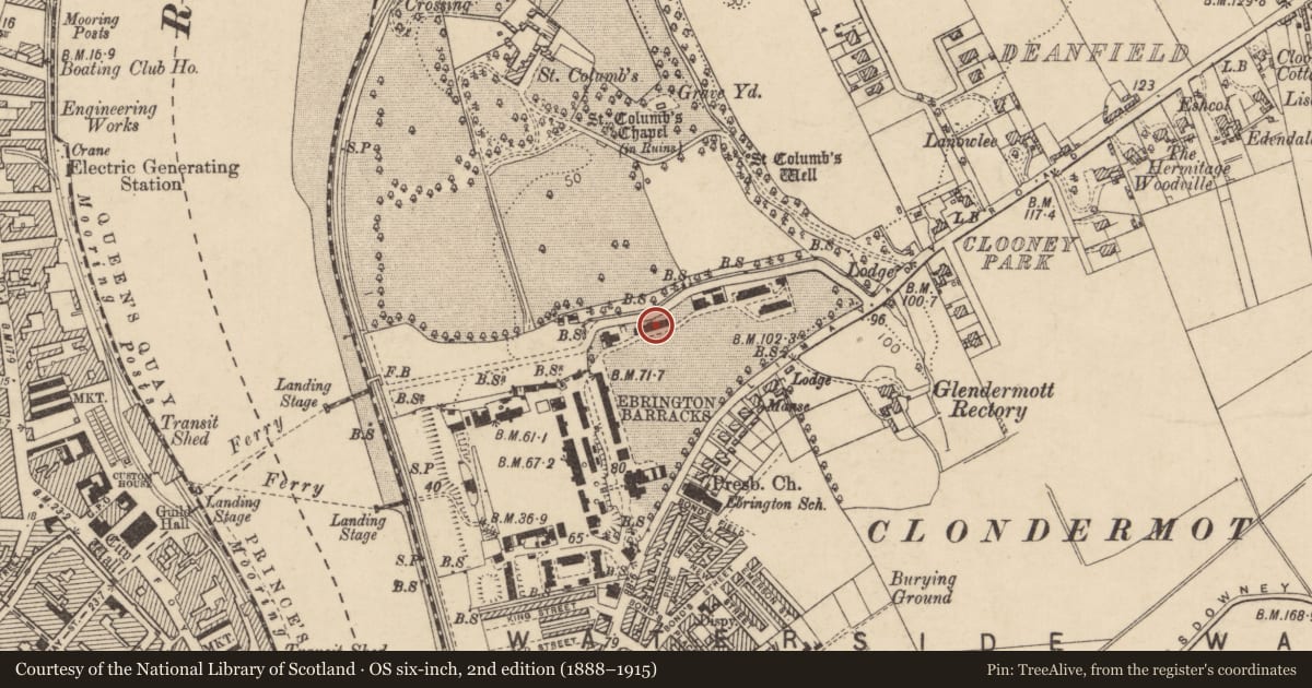 Ordnance Survey six-inch map, 2nd edition (1888–1915) covering the location of Building 104, Clooney, Derry City and Strabane, with a pin at the register's coordinates