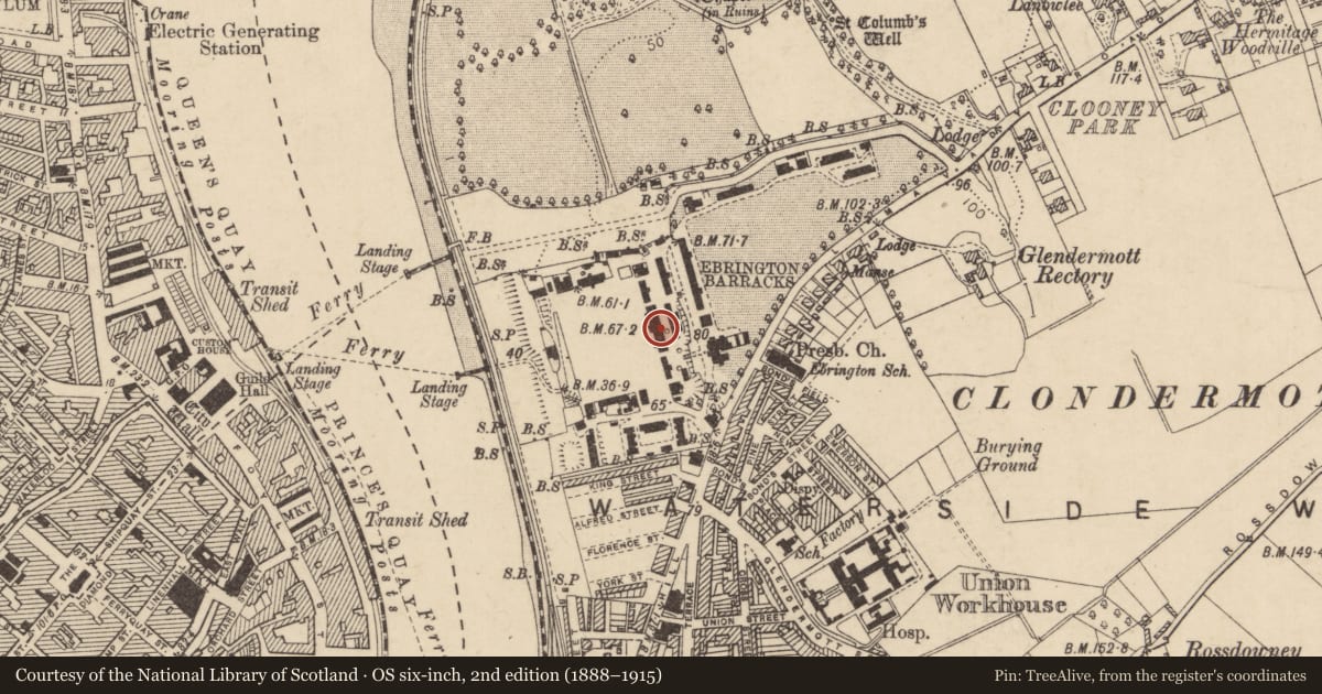 Ordnance Survey six-inch map, 2nd edition (1888–1915) covering the location of Building Number 67, 68, 69, Clooney, Derry City and Strabane, with a pin at the register's coordinates