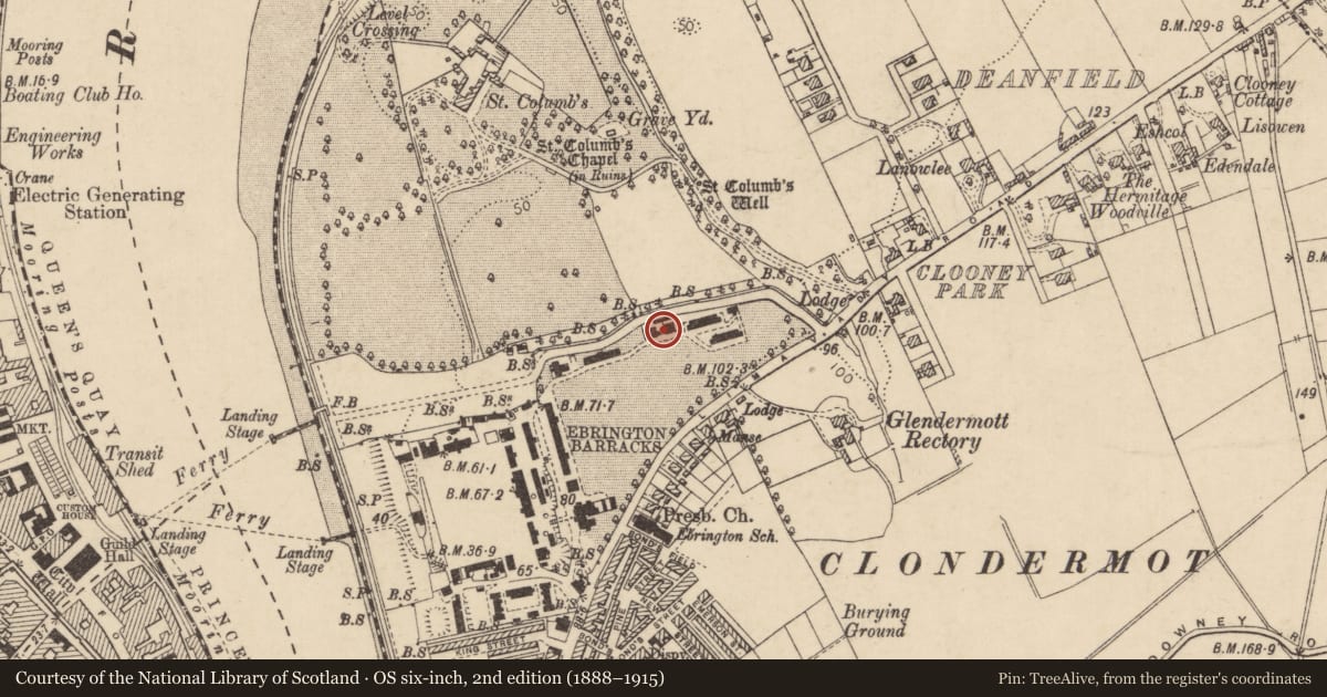 Ordnance Survey six-inch map, 2nd edition (1888–1915) covering the location of Building 115, Clooney, Derry City and Strabane, with a pin at the register's coordinates