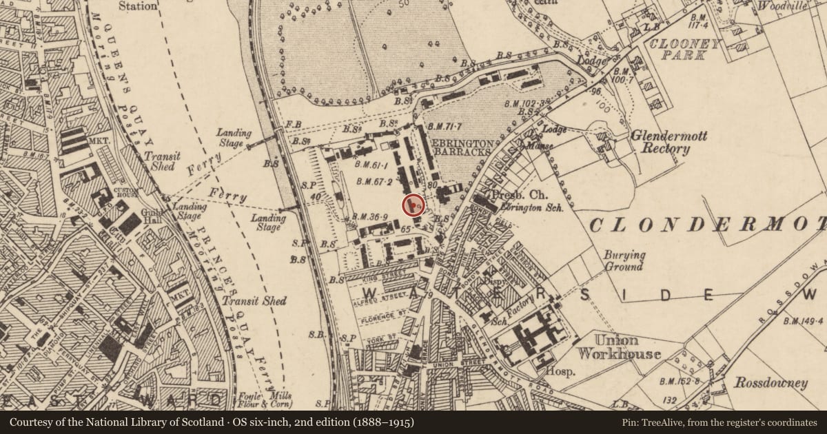 Ordnance Survey six-inch map, 2nd edition (1888–1915) covering the location of Building No 70, Clooney, Derry City and Strabane, with a pin at the register's coordinates