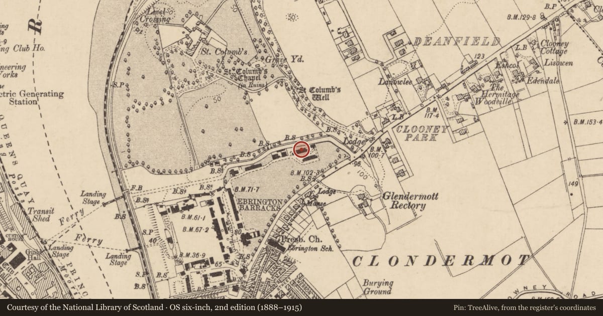 Ordnance Survey six-inch map, 2nd edition (1888–1915) covering the location of Building 117, Clooney, Derry City and Strabane, with a pin at the register's coordinates
