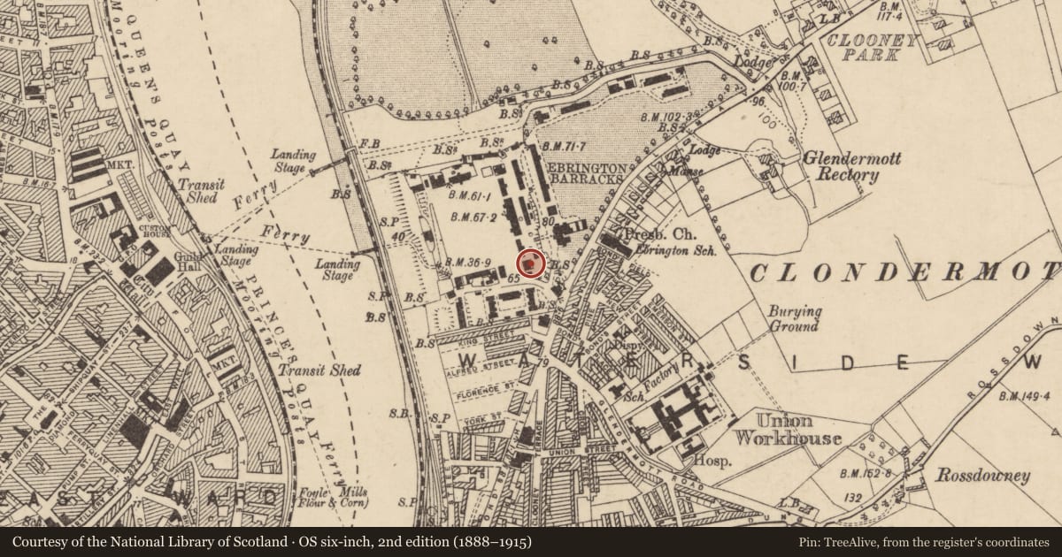 Ordnance Survey six-inch map, 2nd edition (1888–1915) covering the location of Building No 71, Clooney, Derry City and Strabane, with a pin at the register's coordinates