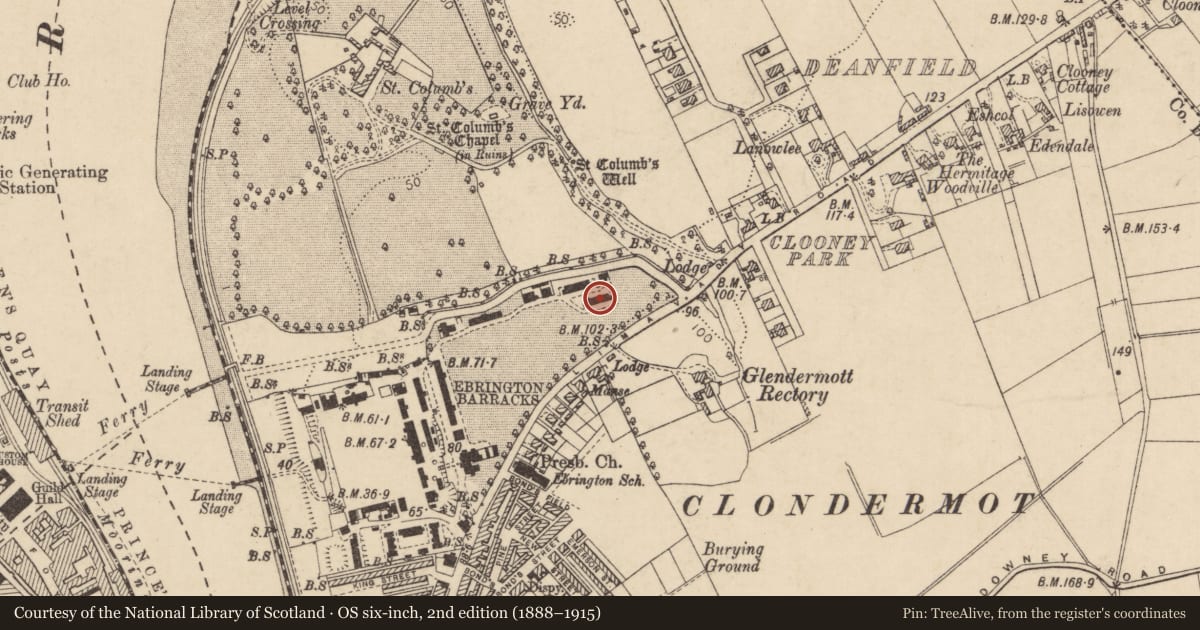 Ordnance Survey six-inch map, 2nd edition (1888–1915) covering the location of Building 118, Clooney, Derry City and Strabane, with a pin at the register's coordinates
