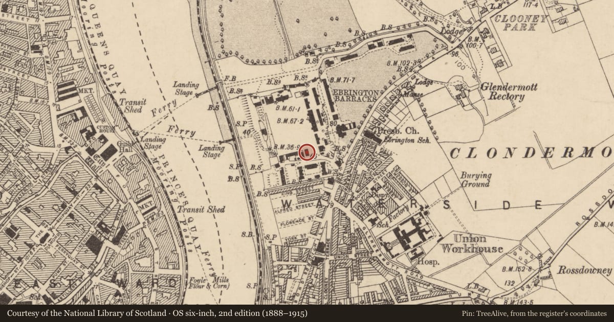 Ordnance Survey six-inch map, 2nd edition (1888–1915) covering the location of Building 10/10A, Clooney, Derry City and Strabane, with a pin at the register's coordinates