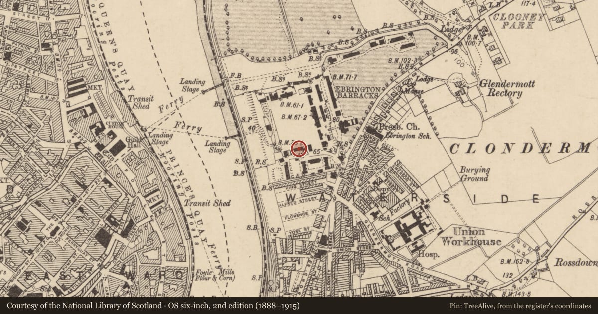 Ordnance Survey six-inch map, 2nd edition (1888–1915) covering the location of Building No 11, Clooney, Derry City and Strabane, with a pin at the register's coordinates