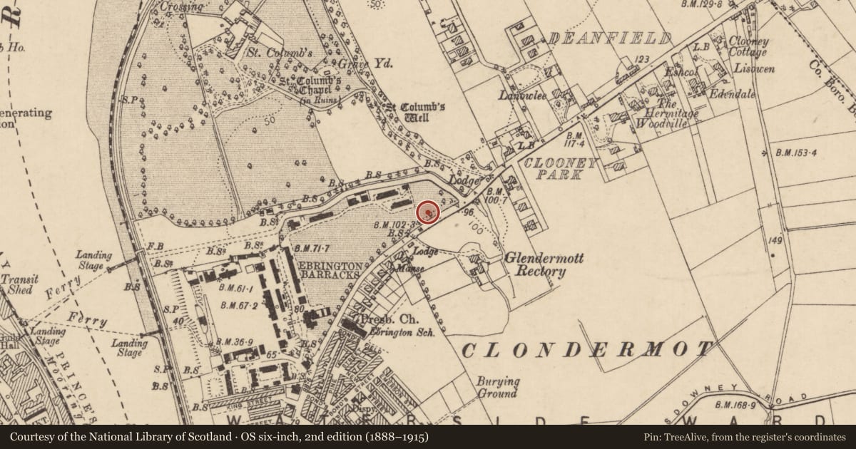 Ordnance Survey six-inch map, 2nd edition (1888–1915) covering the location of Buildings 121, 123, 124, 125, Clooney, Derry City and Strabane, with a pin at the register's coordinates