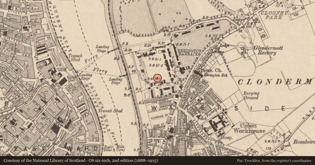 Ordnance Survey six-inch map, 2nd edition (1888–1915) covering the location of Building No 25, 8th Brigade HQ, Parade Ground, Ebrington Barracks, Limavady Road, BT47 6HH, Derry City and Strabane, with a pin at the register's coordinates