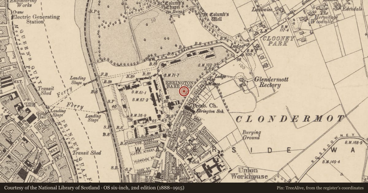 Ordnance Survey six-inch map, 2nd edition (1888–1915) covering the location of Building 88, Clooney, Derry City and Strabane, with a pin at the register's coordinates