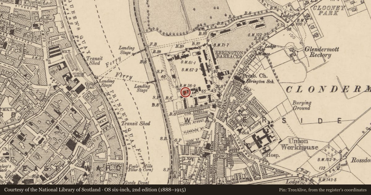 Ordnance Survey six-inch map, 2nd edition (1888–1915) covering the location of Building Number 17, Clooney, Derry City and Strabane, with a pin at the register's coordinates