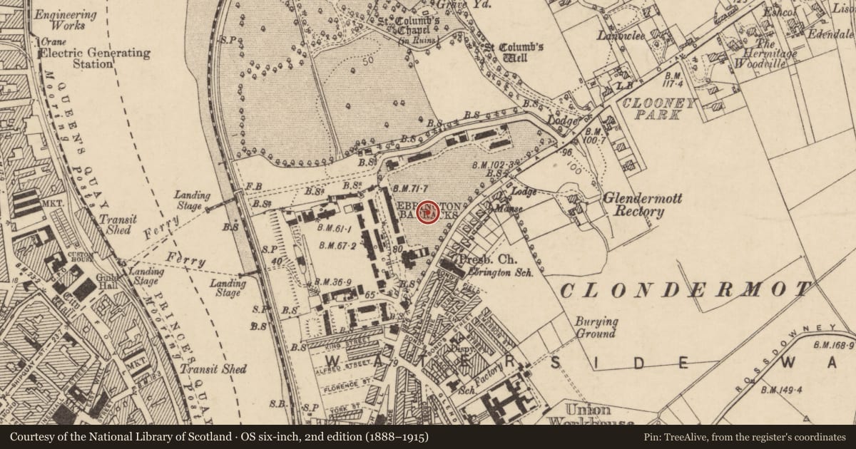 Ordnance Survey six-inch map, 2nd edition (1888–1915) covering the location of Building 90, Clooney, Derry City and Strabane, with a pin at the register's coordinates