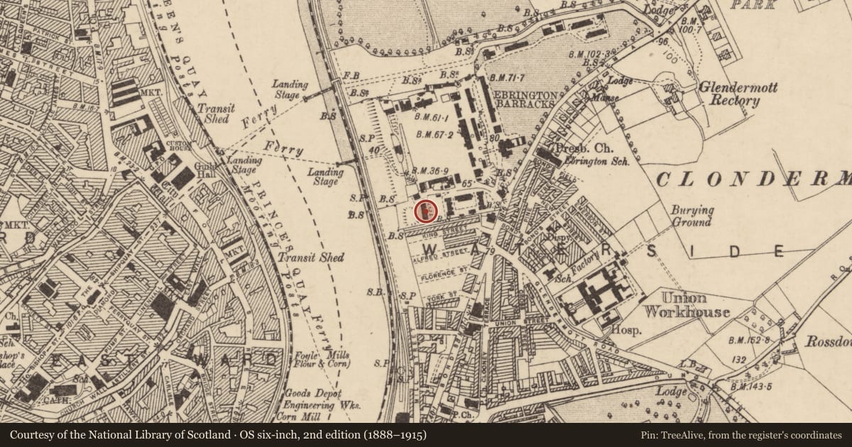 Ordnance Survey six-inch map, 2nd edition (1888–1915) covering the location of Building Number 21, Corporals Mess, Ebrington Barracks, Limavady Road, Londonderry BT47 6HH, Derry City and Strabane, with a pin at the register's coordinates