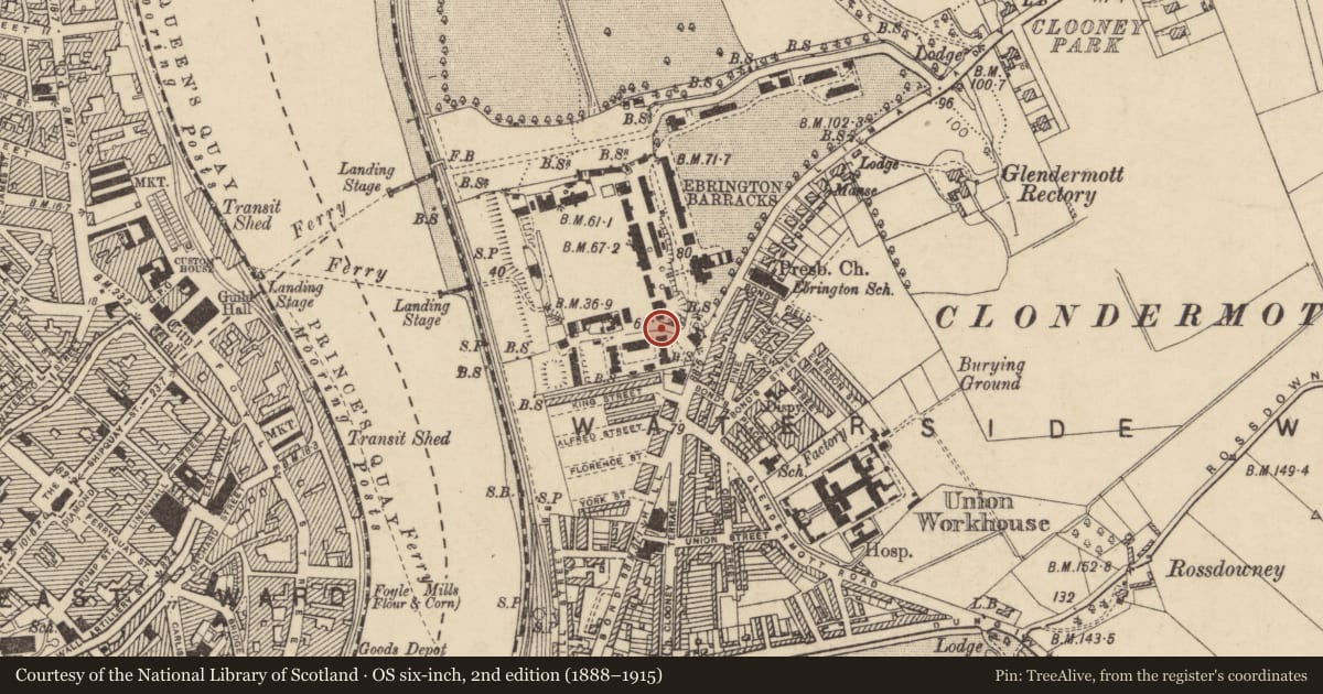 Ordnance Survey six-inch map, 2nd edition (1888–1915) covering the location of Fort approach wall, Ebrington Barracks, Limavady Road, Londonderry, Clooney, Derry City and Strabane, with a pin at the register's coordinates
