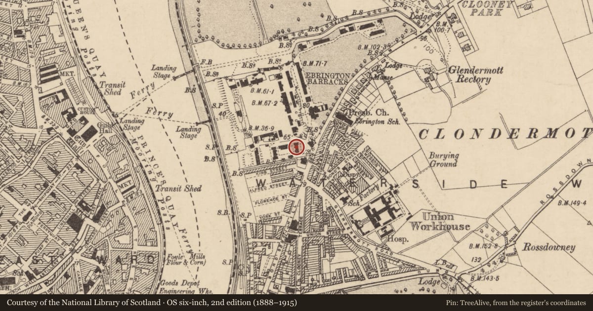 Ordnance Survey six-inch map, 2nd edition (1888–1915) covering the location of Building Number 4, Clooney, Derry City and Strabane, with a pin at the register's coordinates
