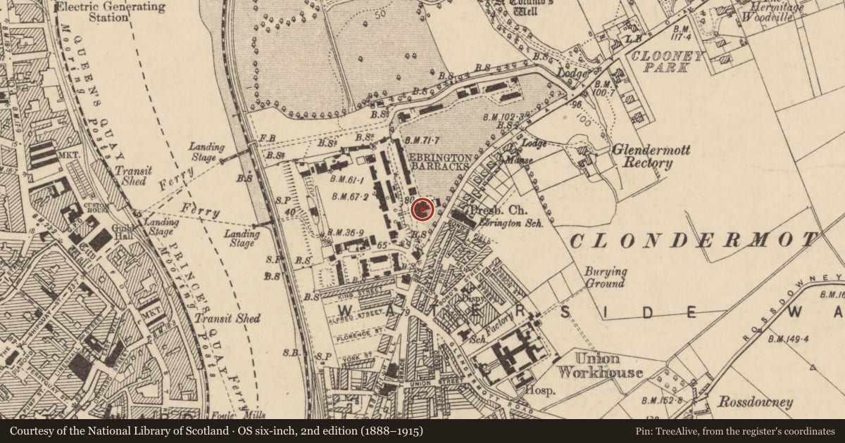 Ordnance Survey six-inch map, 2nd edition (1888–1915) covering the location of Building Number 83, Clooney, Derry City and Strabane, with a pin at the register's coordinates