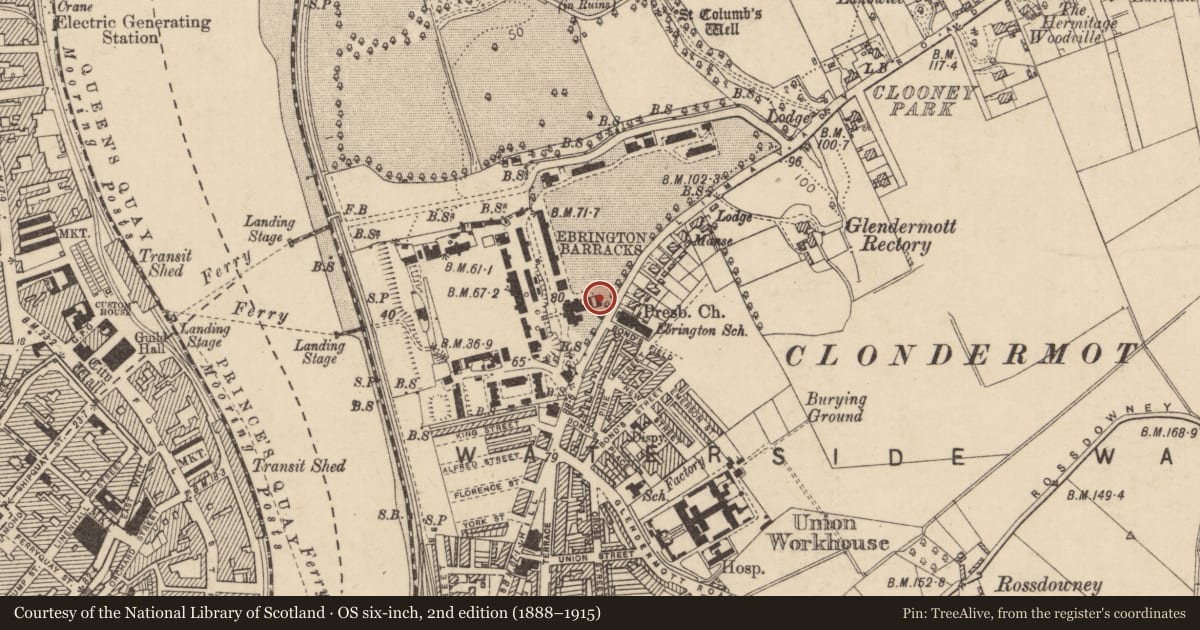 Ordnance Survey six-inch map, 2nd edition (1888–1915) covering the location of Building Number 85, Clooney, Derry City and Strabane, with a pin at the register's coordinates