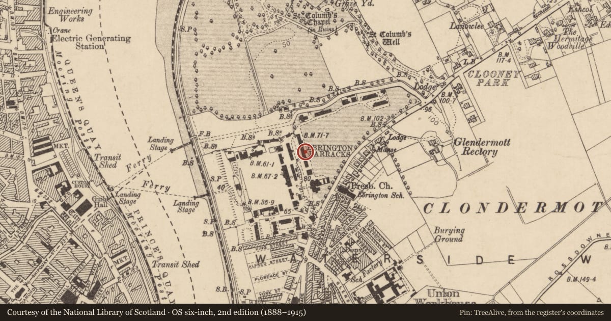 Ordnance Survey six-inch map, 2nd edition (1888–1915) covering the location of Building Numbers 80 & 81, Clooney, Derry City and Strabane, with a pin at the register's coordinates