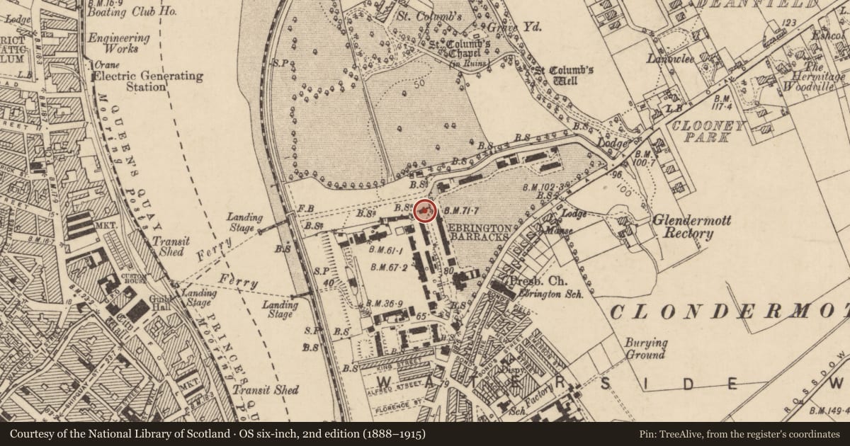 Ordnance Survey six-inch map, 2nd edition (1888–1915) covering the location of Building Number 62, Clooney, Derry City and Strabane, with a pin at the register's coordinates