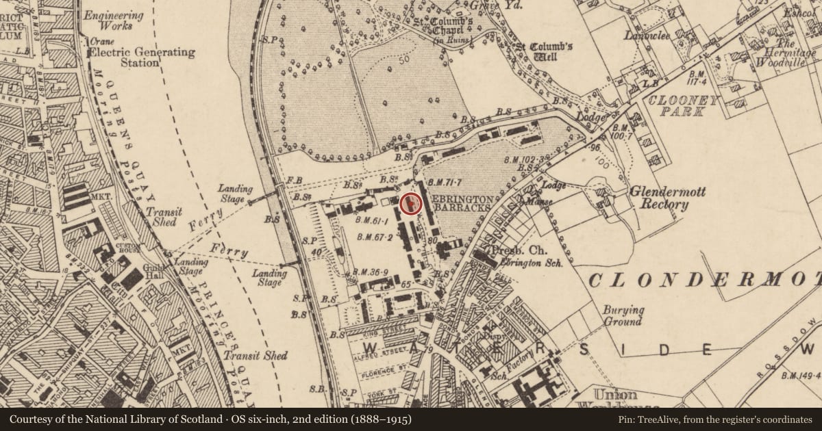 Ordnance Survey six-inch map, 2nd edition (1888–1915) covering the location of Building Number 79, Clooney, Derry City and Strabane, with a pin at the register's coordinates