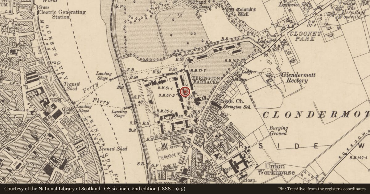 Ordnance Survey six-inch map, 2nd edition (1888–1915) covering the location of Building Number 76, Clooney, Derry City and Strabane, with a pin at the register's coordinates