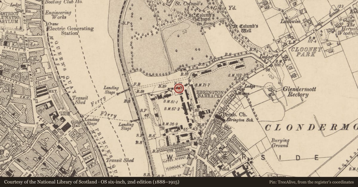 Ordnance Survey six-inch map, 2nd edition (1888–1915) covering the location of Building Number 59, Clooney, Derry City and Strabane, with a pin at the register's coordinates