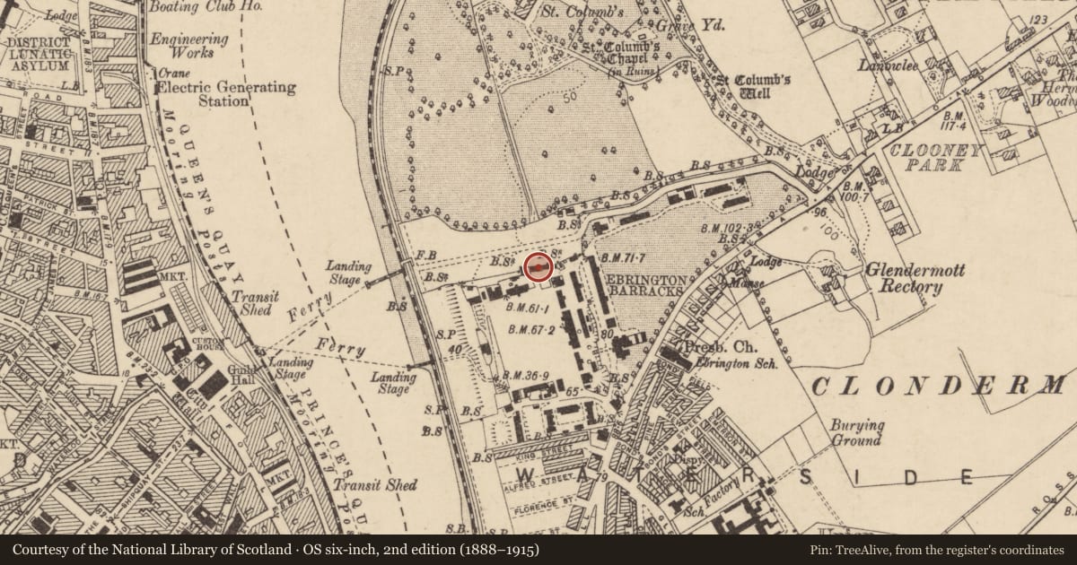 Ordnance Survey six-inch map, 2nd edition (1888–1915) covering the location of Building Number 57, Clooney, Derry City and Strabane, with a pin at the register's coordinates